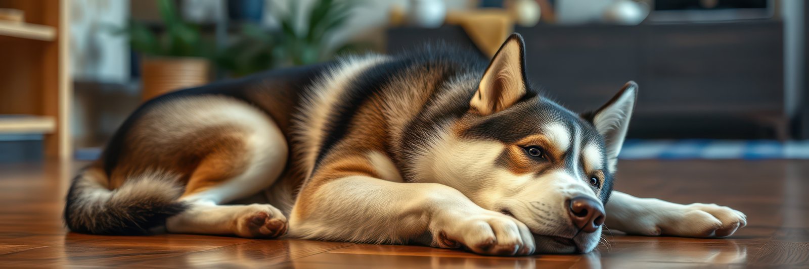 Cozy husky resting on a wooden floor in a modern living room with soft lighting and home decor